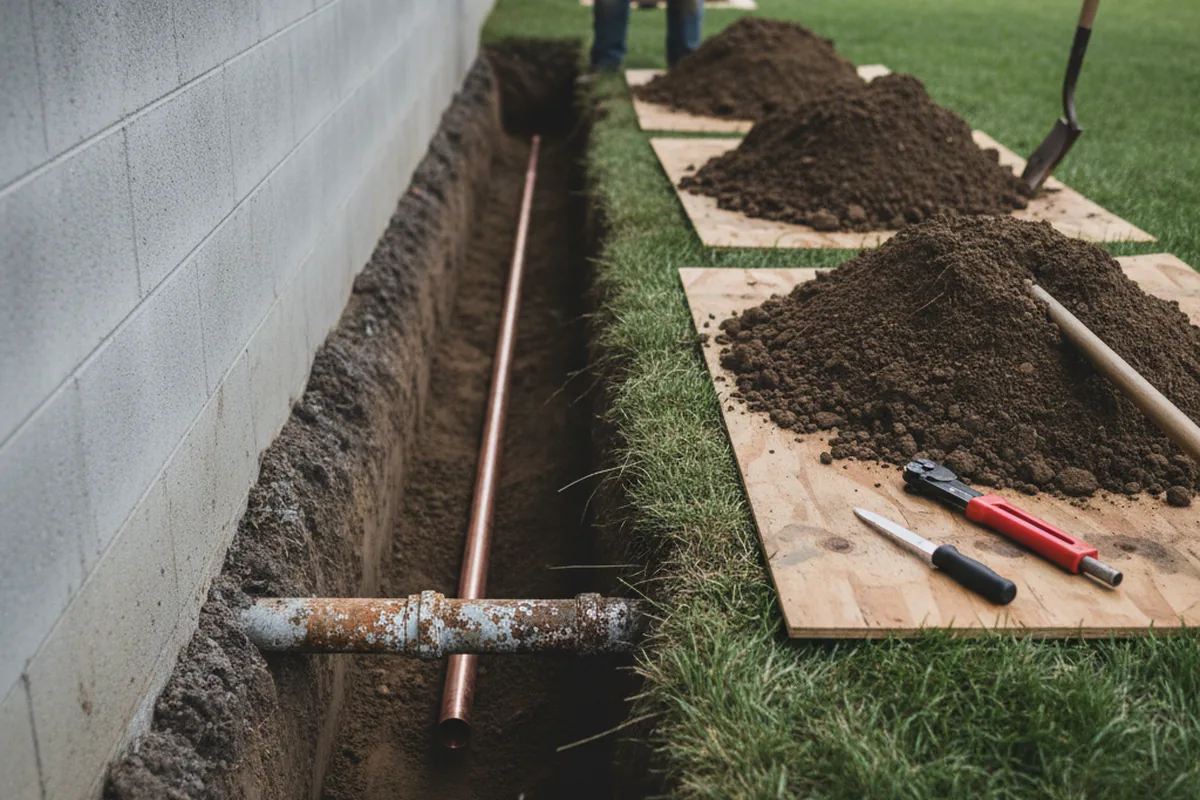 Excavated water line trench during Sewer Line Repair in Saint Leo